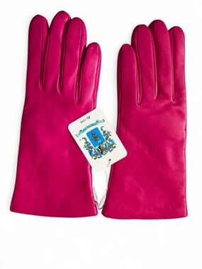 Portolano Fuchsia Pink Leather Gloves with Cashmere Lining Size 6 1/2